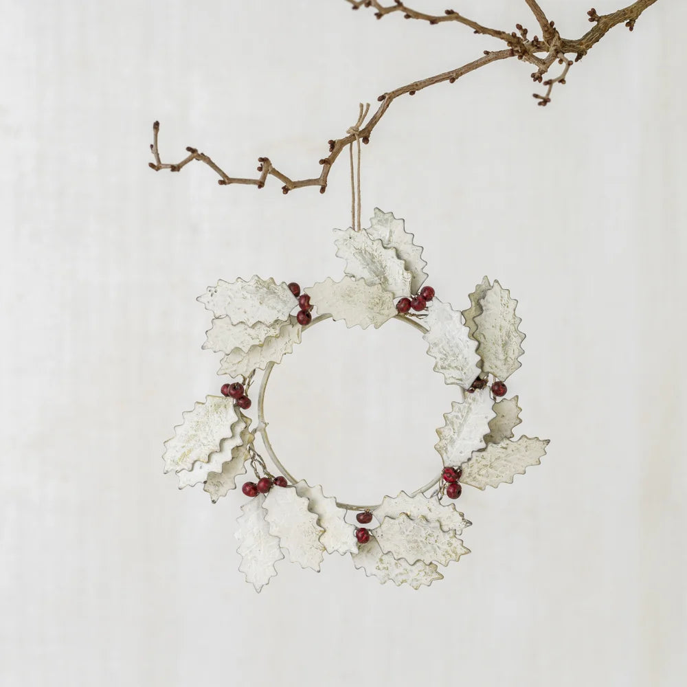 Holly Wreath Hanging Decoration White With Red Berries