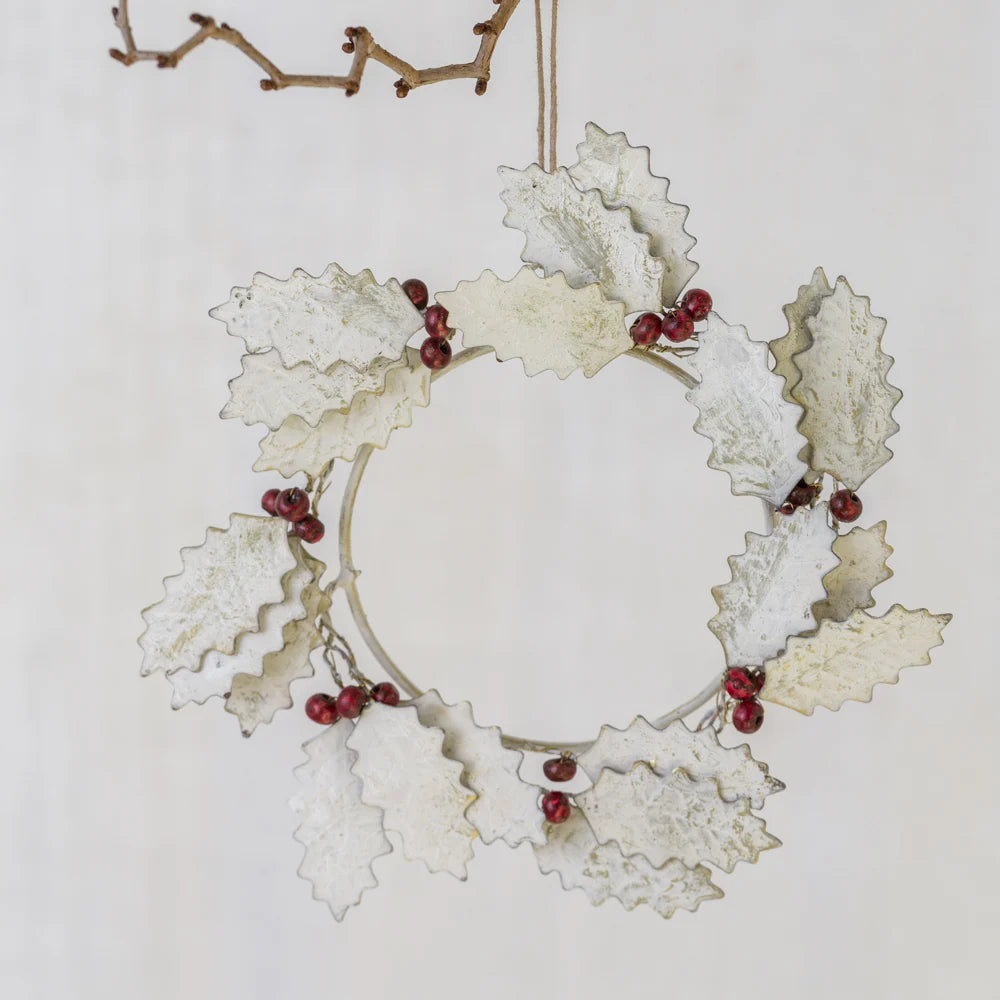 Holly Wreath Hanging Decoration White With Red Berries