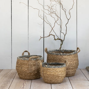 Straw Basket With Grey Braid Rim With Handles Large