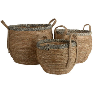 Straw Basket With Grey Braid Rim With Handles Set of 3