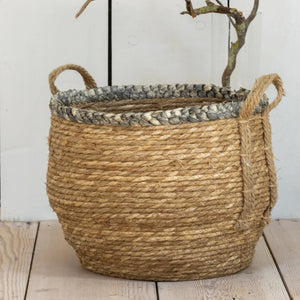 Straw Basket With Grey Braid Rim With Handles Large