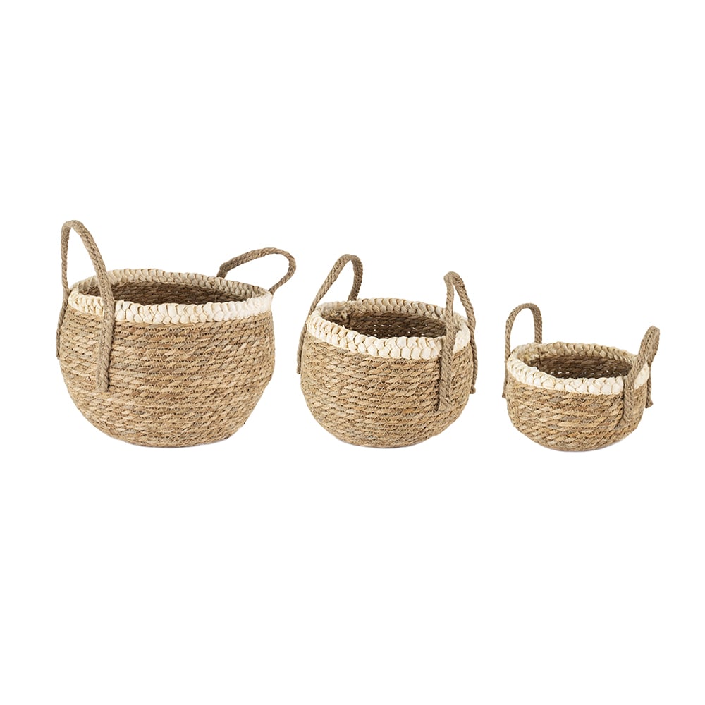 Straw and Corn Basket with Cream Braid Set of 3