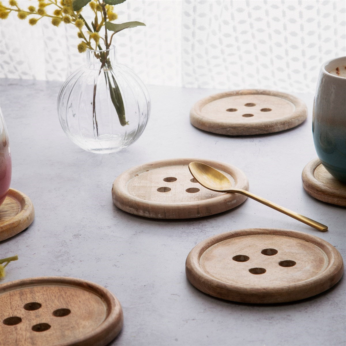 Wooden Button Coaster - Set Of 6